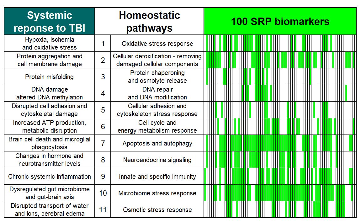 Stress Response Profiling table showing 11 systemic responses to TBI, their corresponding homeostatic pathways, and a heatmap of 100 SRP biomarkers