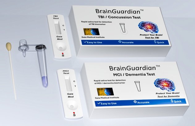 BrainGuardian TBI/Concussion Test and MCI/Dementia Test kits with saliva collection swab and tube