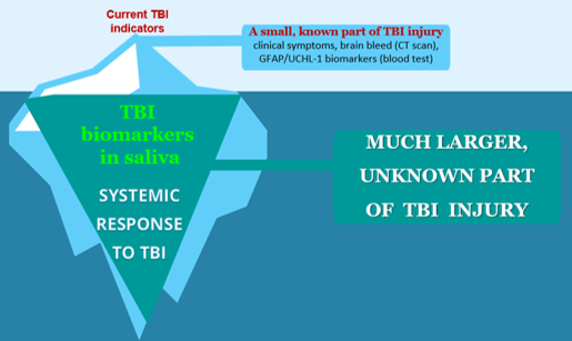 Iceberg diagram showing the small known part of TBI injury versus the much larger, unknown part, with TBI biomarkers in saliva highlighted in the unknown part