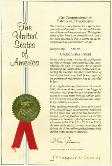 United States patent certificate with ribbon