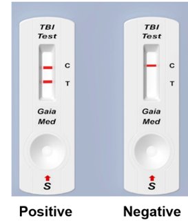 BrainGuardian TBI test cassettes showing a positive result with two lines and a negative result with one line